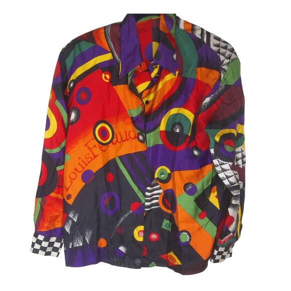 Vintage Louis Feraud Graphic Psychedelic Colorful Silk Blouse Shirt Size 10 - Picture 2 of 9